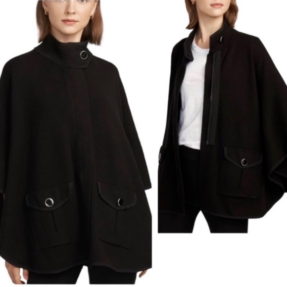 Anne Klein High Neck Pocketed Cape Black Sweater Shrug Poncho Mock Neck - Picture 11 of 14